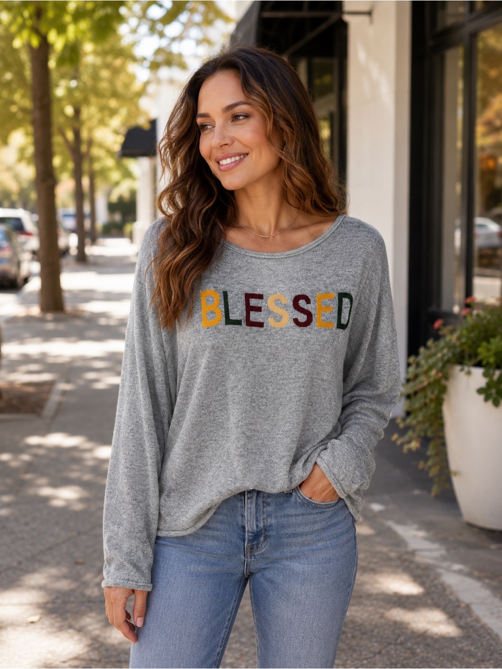Rachel Zoe Sweater Gray BLESSED Graphic Long Sleeve Pullover